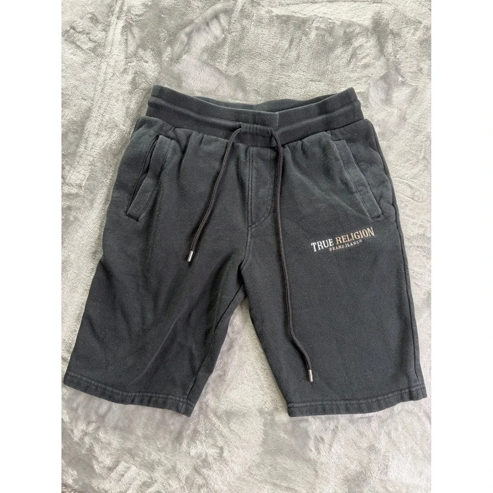 True Religion Brand Jeans Men's Fleece Sweat Shorts Black Gold Logo Size M